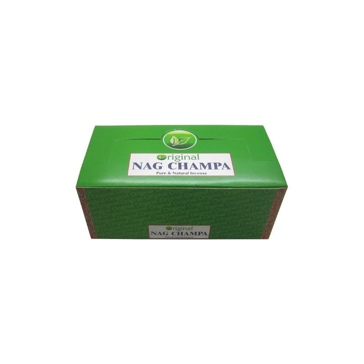 A green rectangular box of Original Nag Champa incense sticks, shown on a plain white background.