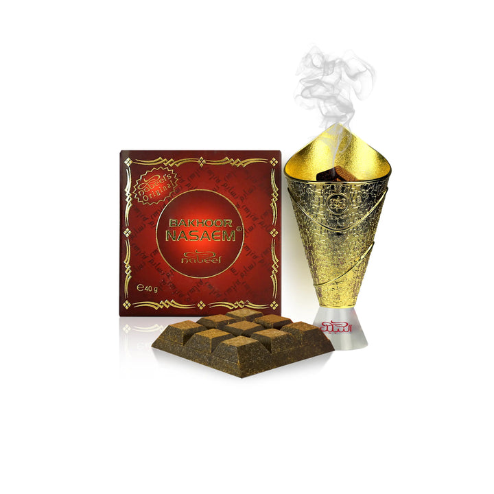 Nasaem bakhoor incense with packaging and burner on a white background