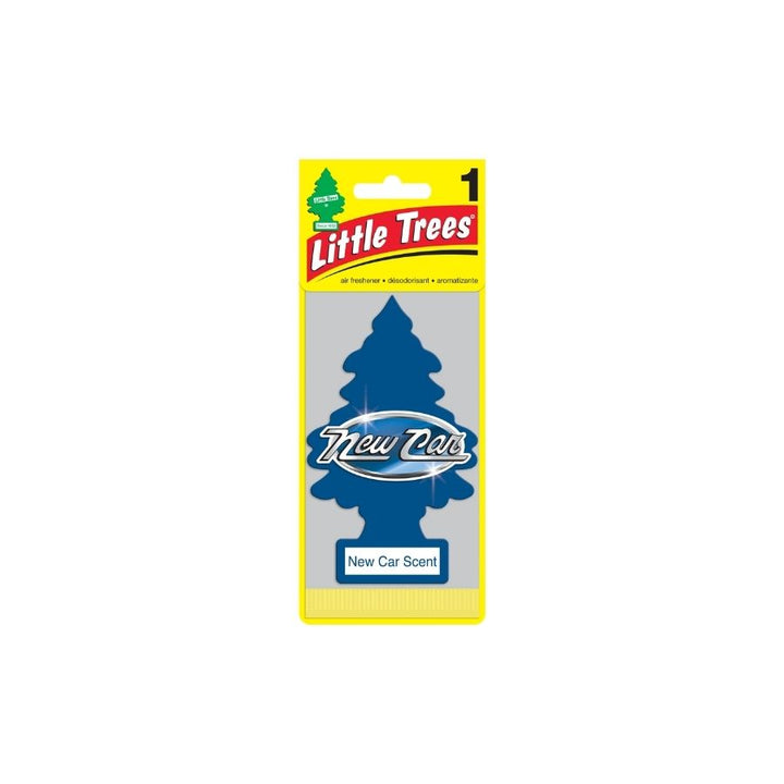 Little Trees air freshener packaging with blue tree design on a white background