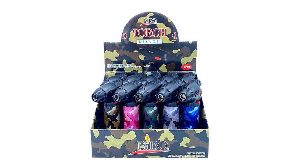Display of lighters with camouflage packaging on a white background