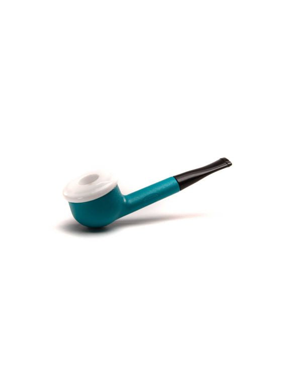 Teal smoking pipe with white accent on a white background