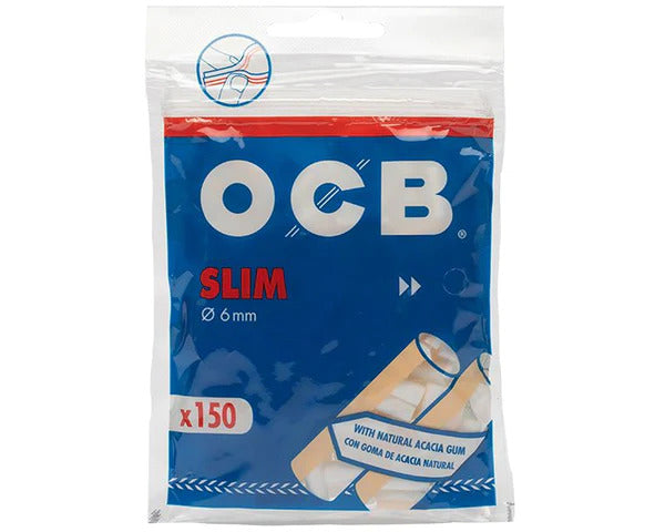 OCB Slim gummed filter tips in a bag with white background