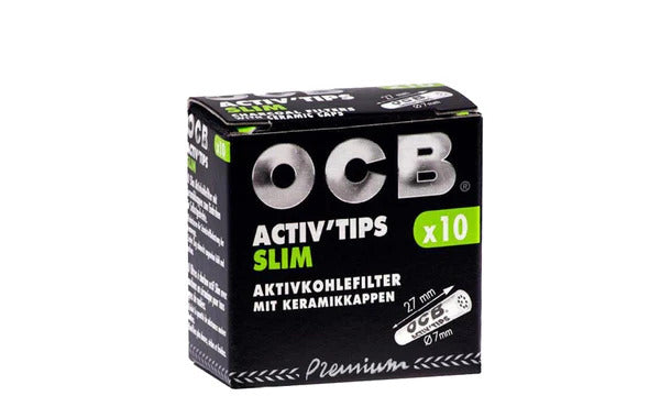 Box of OCB Activ Tips Slim with black and white design on a white background