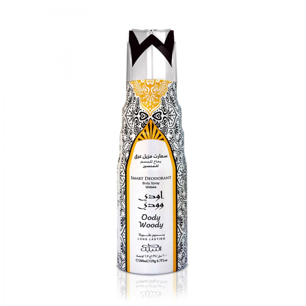 Deodorant spray bottle with decorative label on a white background