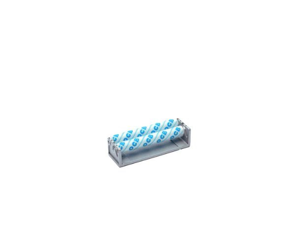 Roller with blue and white cylindrical objects on a white background