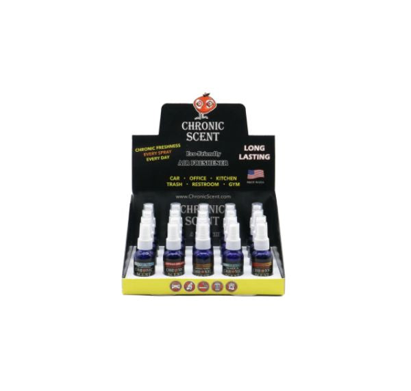 Display of Chronic Scent spray bottles with packaging on a white background