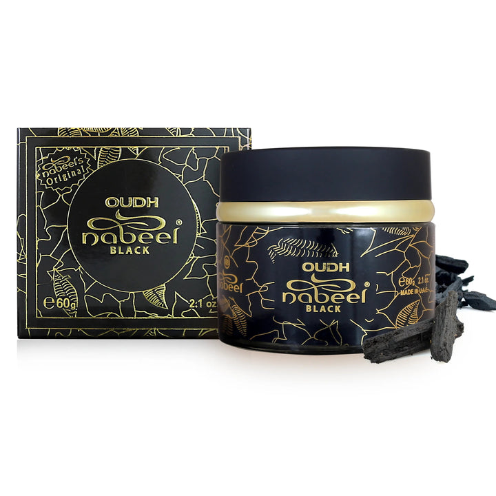 Oudh Nabeel Black jar and packaging on a white background