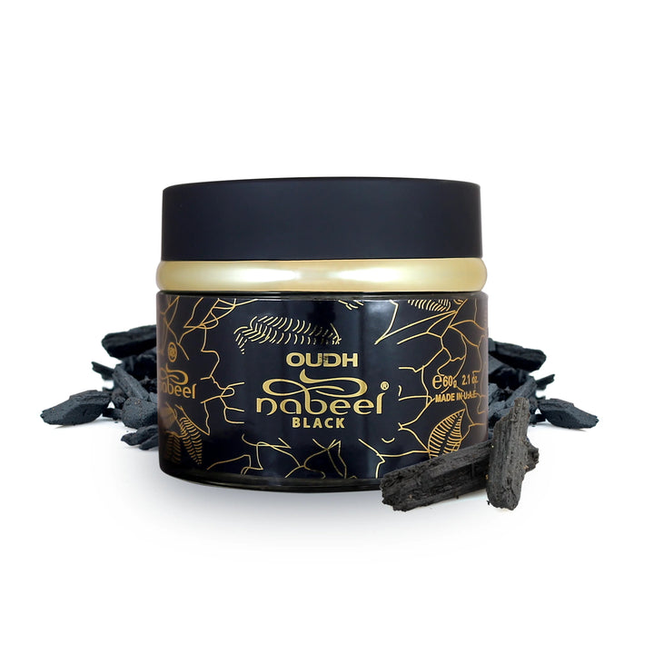 Black and gold container of Oudh Nabeel Black on a white background