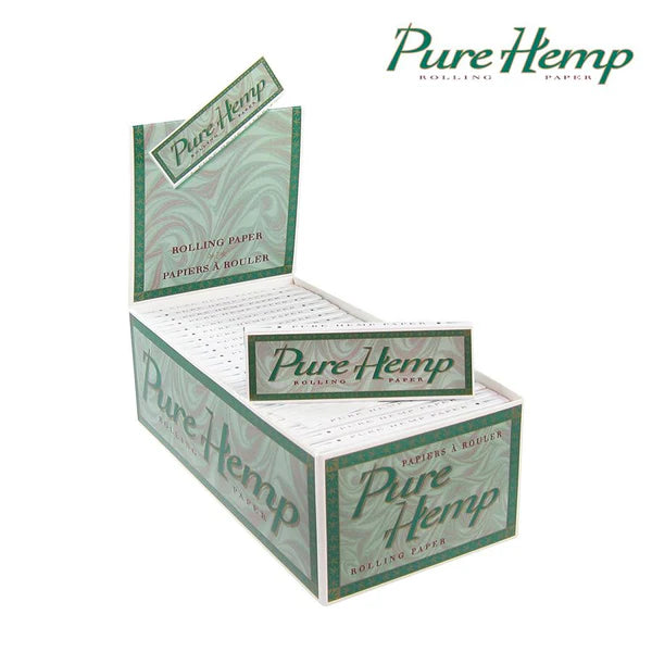 Box of Pure Hemp rolling paper with green and white design on a white background