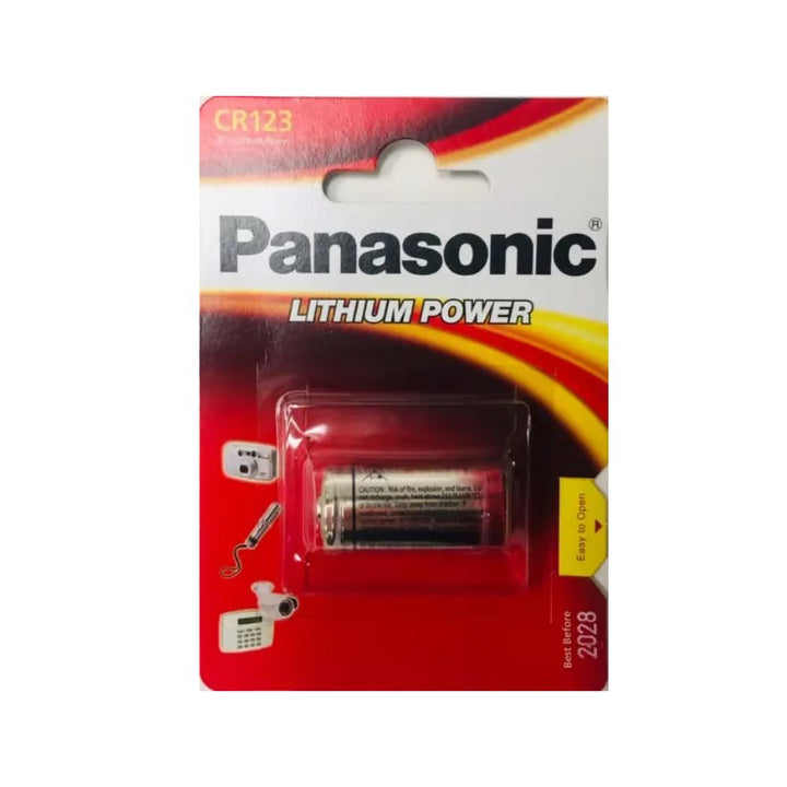 A Panasonic CR123 Lithium Power battery on a white background.
