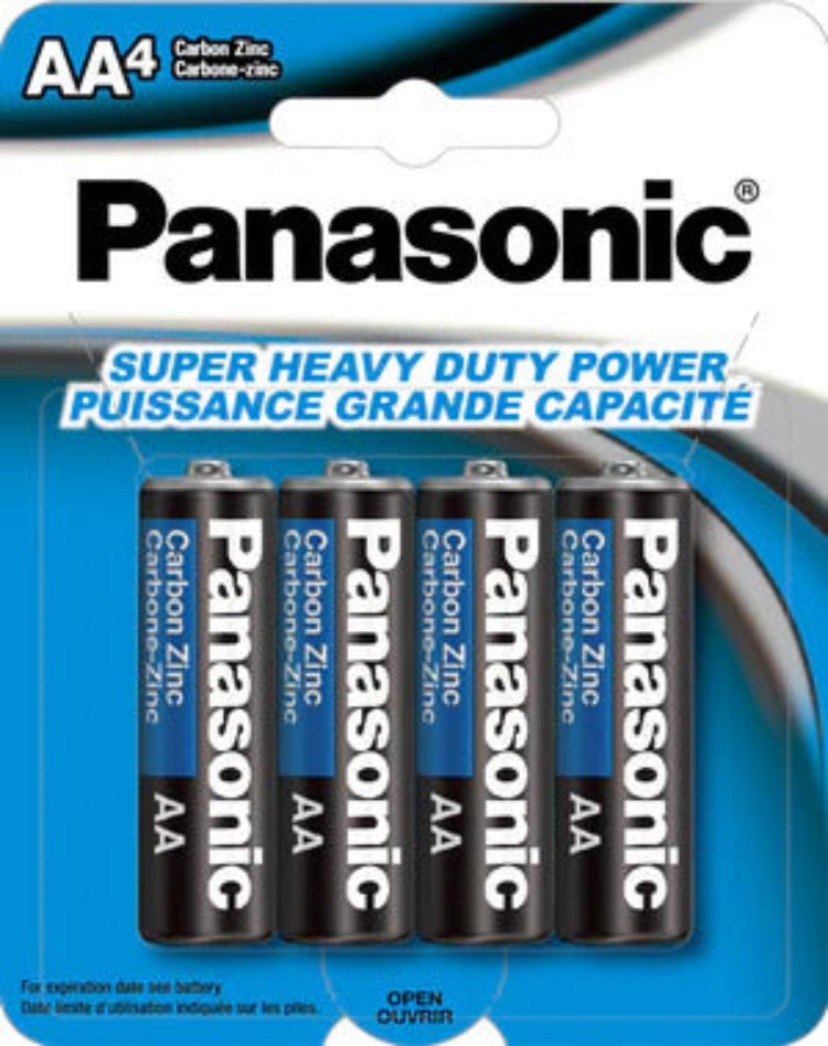 Pack of Panasonic AA batteries with branding and product details.