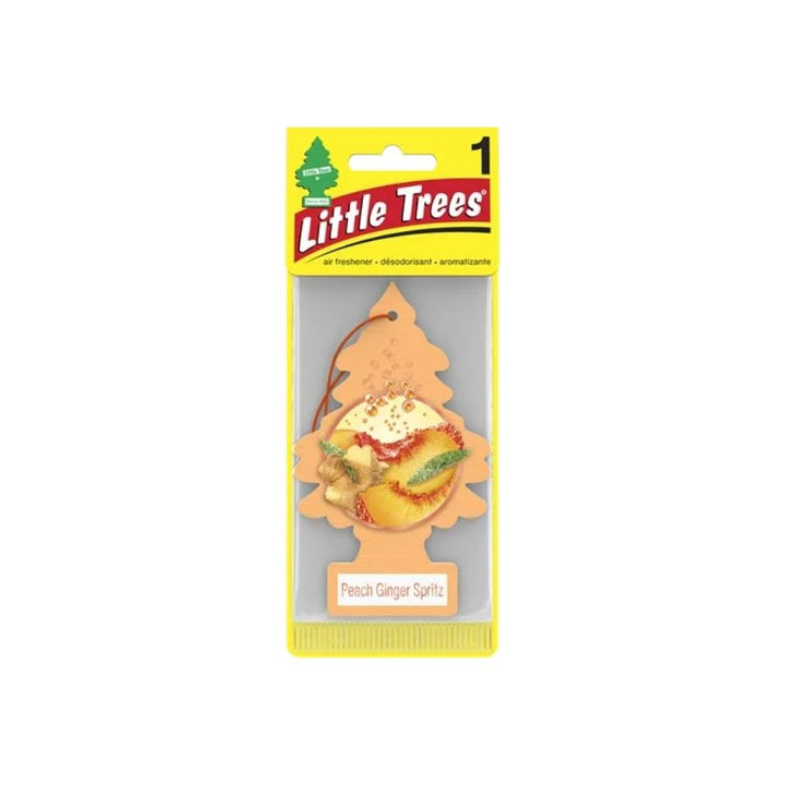 Little Trees air freshener packaging with a peach ginger scent on a white background