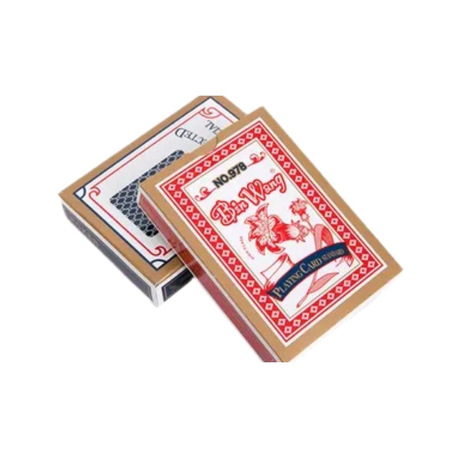 A deck of playing cards in a decorative box with a tan border and red-and-white illustrated cover reading &