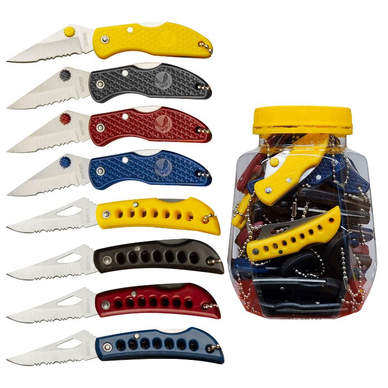 A set of folding pocket knives with colorful handles in yellow, black, red, blue, and gray, shown alongside a clear plastic jar filled with additional knives on a white background