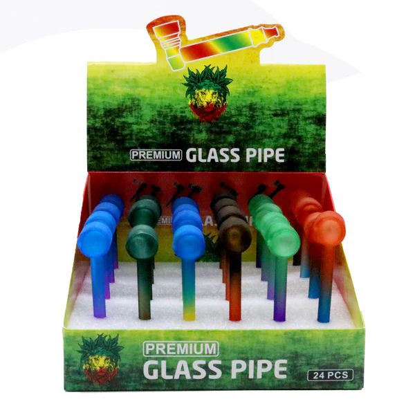 Display of colorful glass pipes with a branded box on a white background