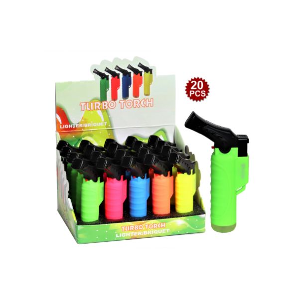Turbo torch lighters in various colors with packaging displaying &