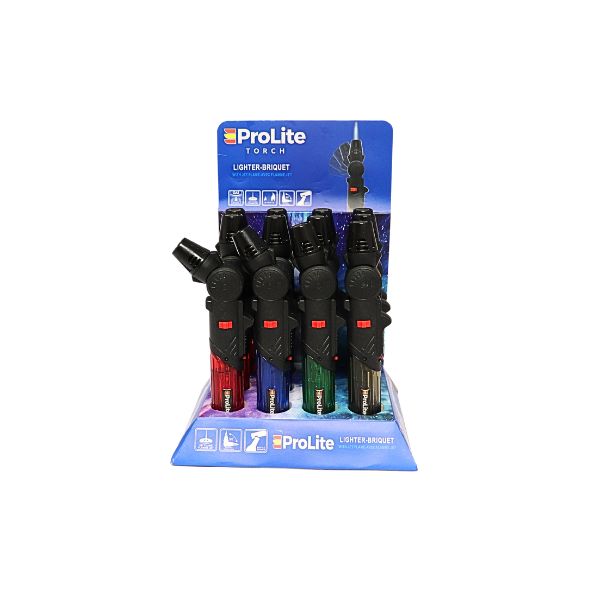 Display of ProLite torch lighters with colorful designs on a white background