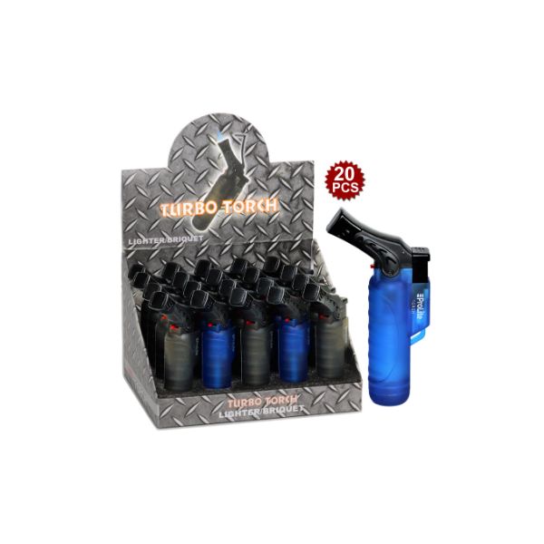 Display box of Turbo Torch lighters with a single lighter on a white background