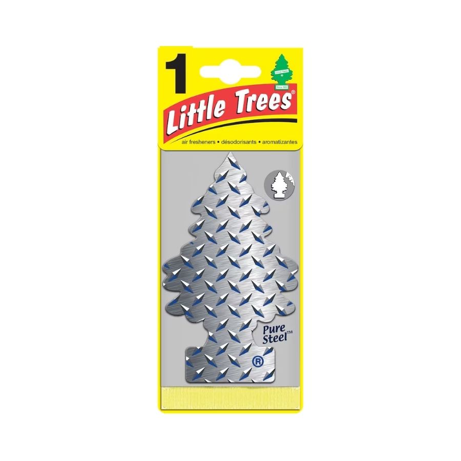 Little Trees air freshener packaging with a silver tree-shaped product on a yellow background
