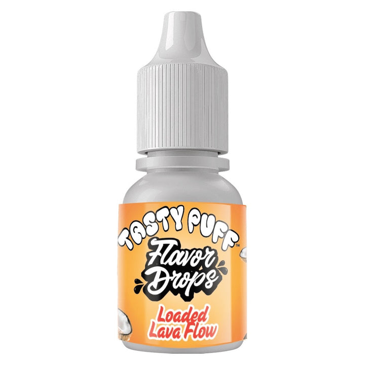 Bottle of loaded lava flow Tasty Puff Flavor Drops with orange label on a white background