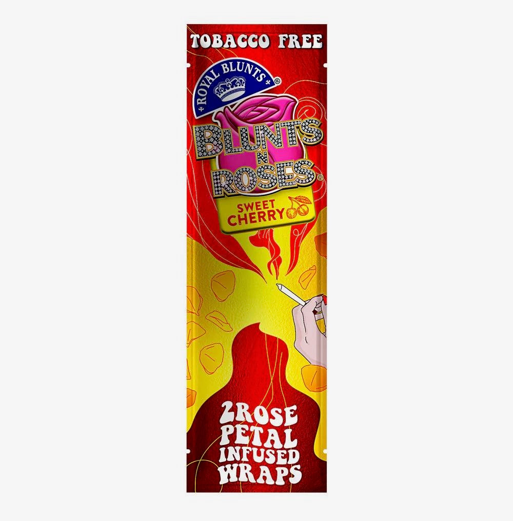 Pack of Blunts Rocks Sweet Cherry rose petal infused wraps with branding and product details on a red background.