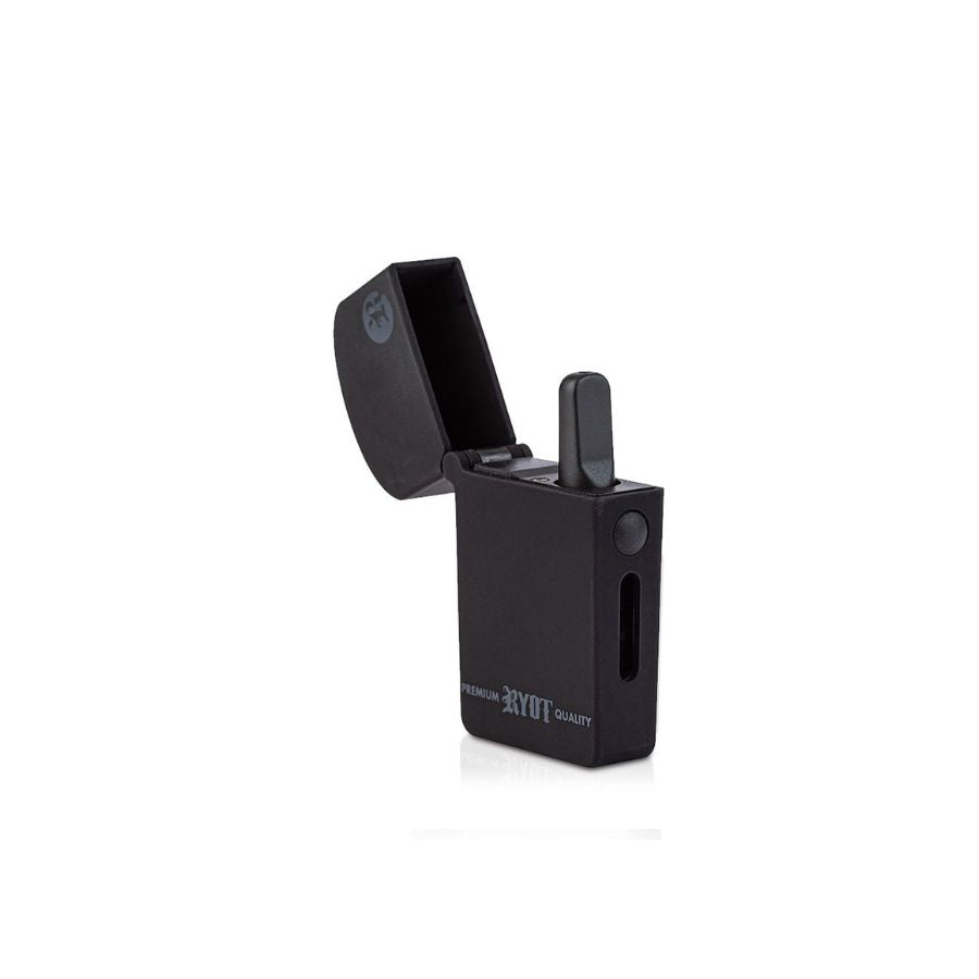 Black vape device with open top on a white background