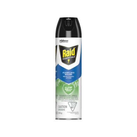 A can of pressurized Raid Essentials Flying Bug Killer spray on a white background. 