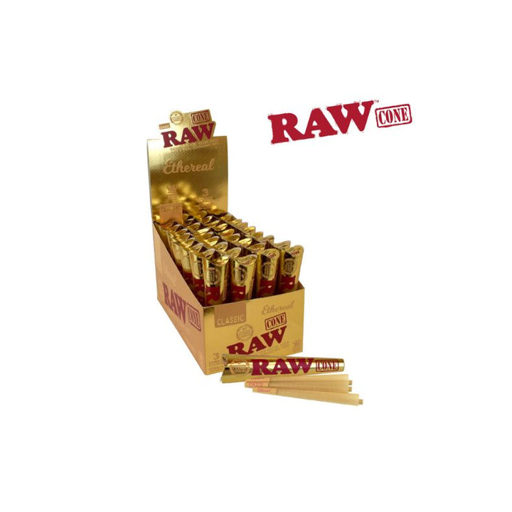 Box of Raw brand rolling papers with individual packs on a white background