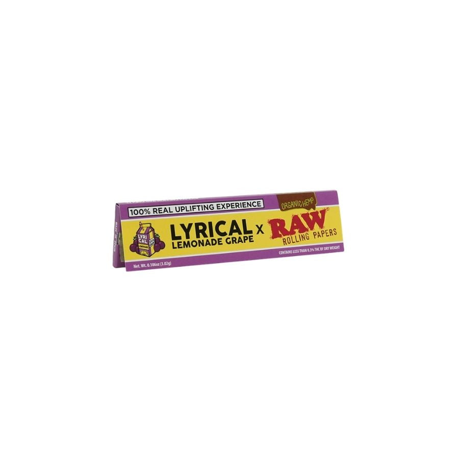 Pack of Lyrical x Raw rolling papers on a white background