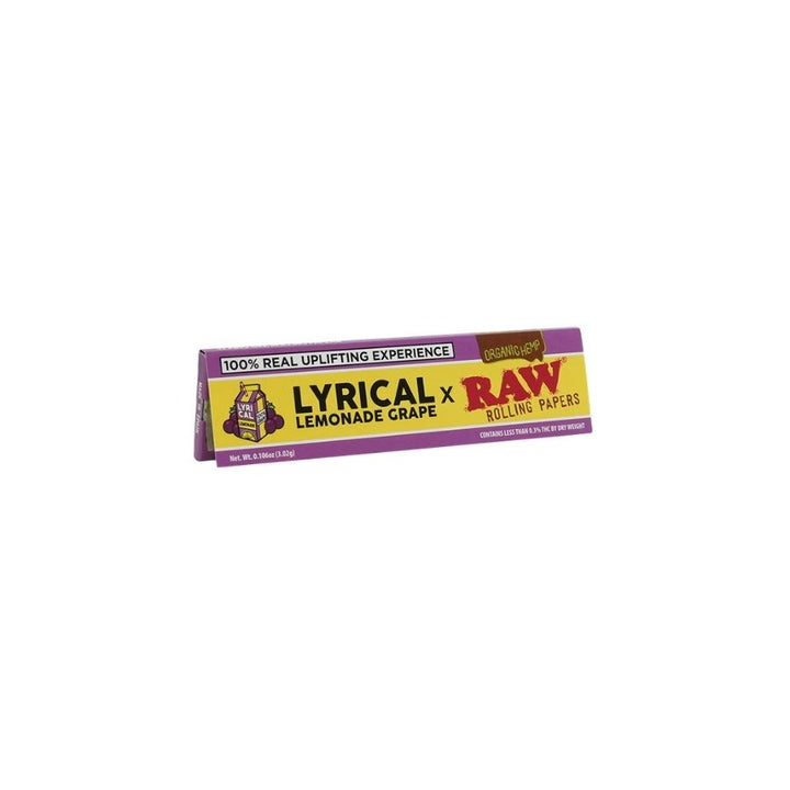 Pack of Lyrical x Raw rolling papers on a white background