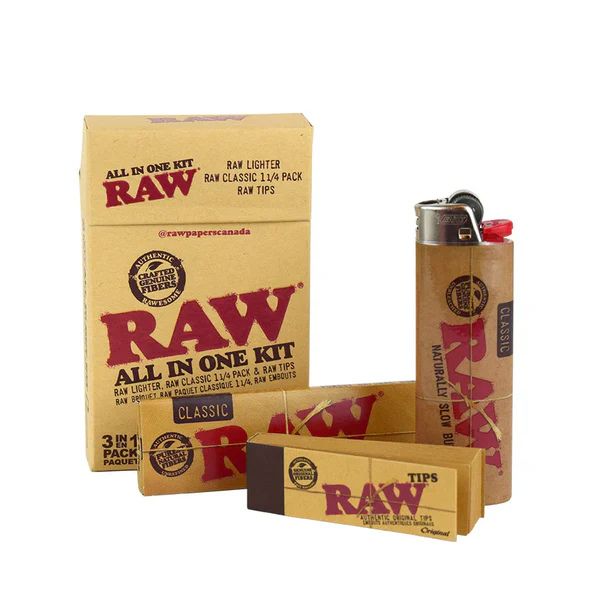 RAW smoking accessories kit including packaging, lighter, and tips on a white background