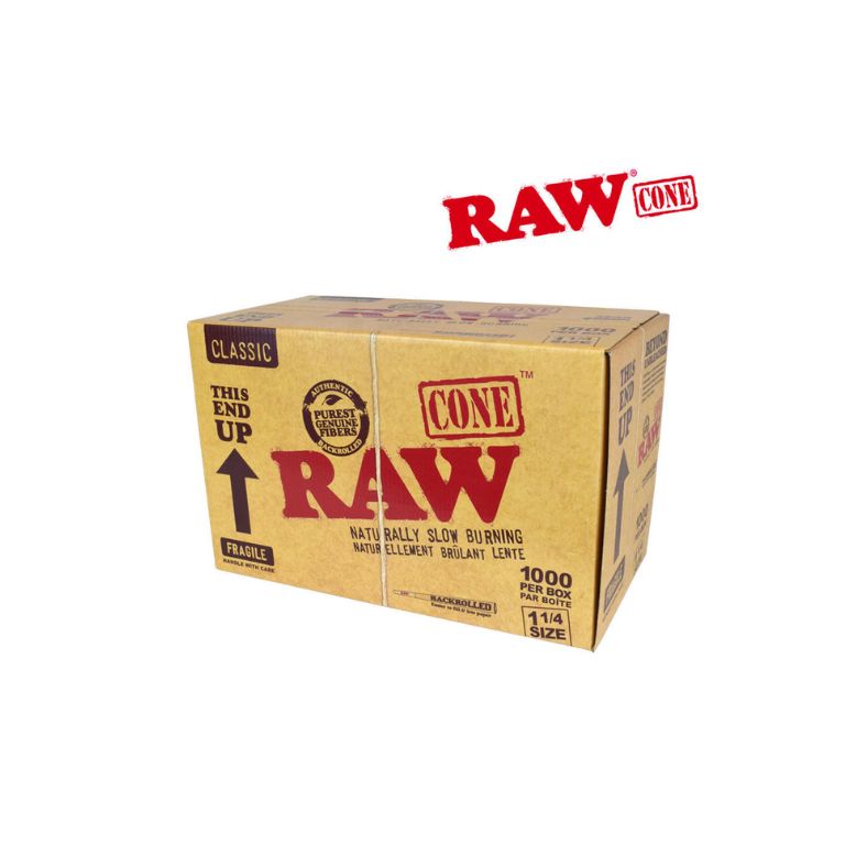 Box of Raw cones with brand logo on a white background