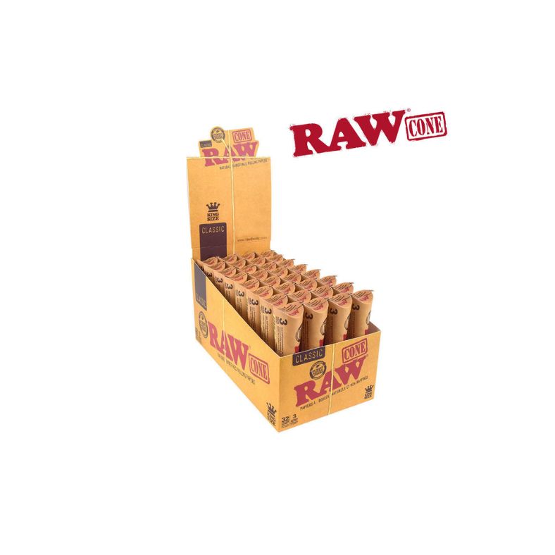 Box of Raw cones with multiple packs on a white background