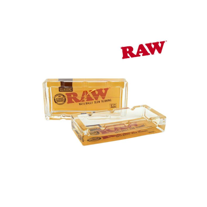 RAW rolling paper set with transparent case on a white background