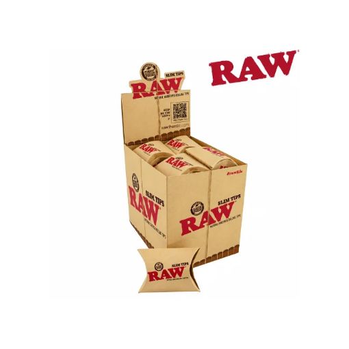 Raw Prerolled slim tips in a pillow pack on a white background