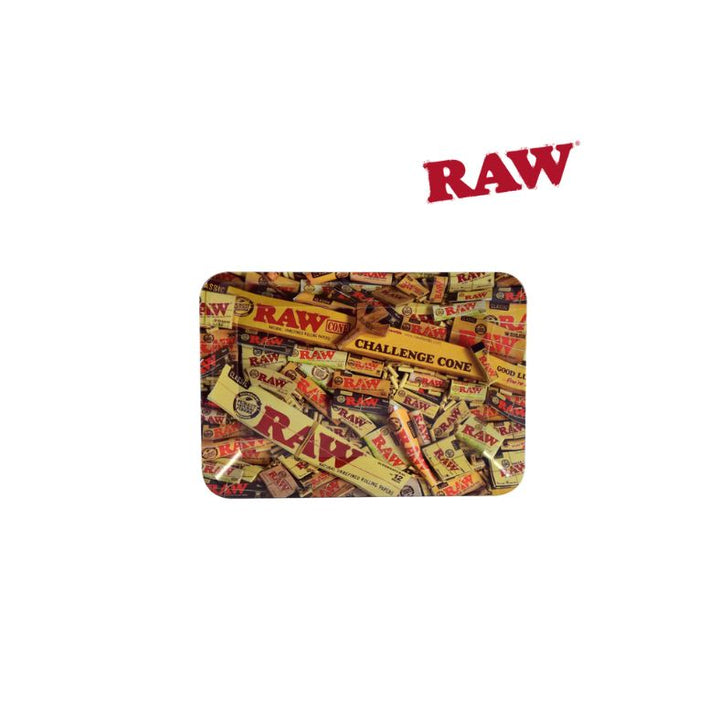 Raw branded rolling tray with packaging design on a white background