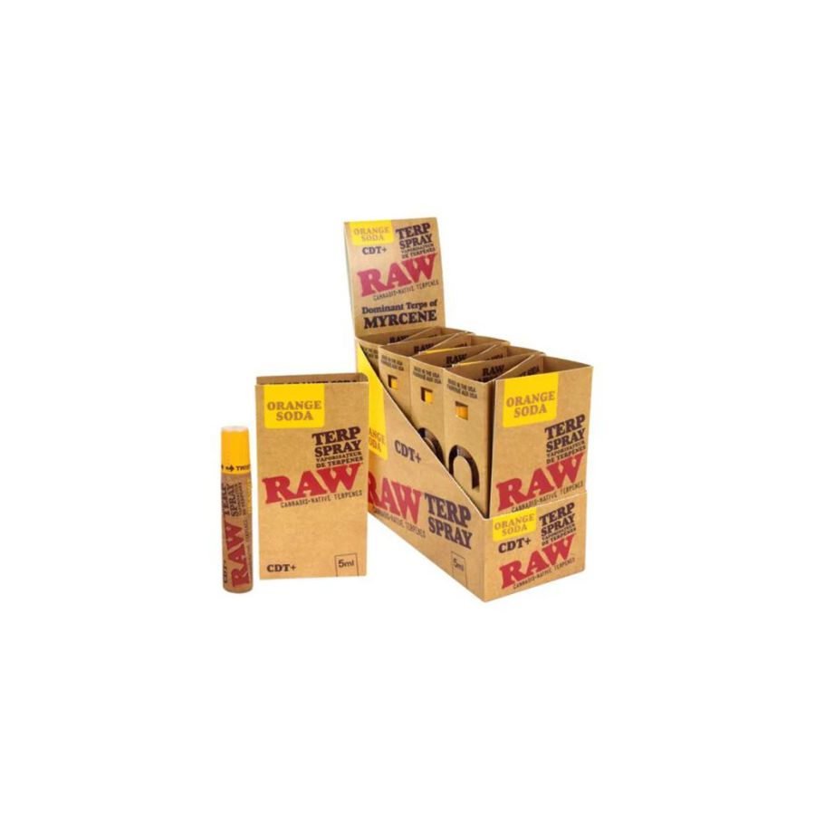Display of RAW brand terp spray boxes and cans on a white background