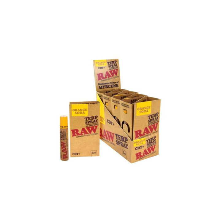 Display of RAW brand terp spray boxes and cans on a white background