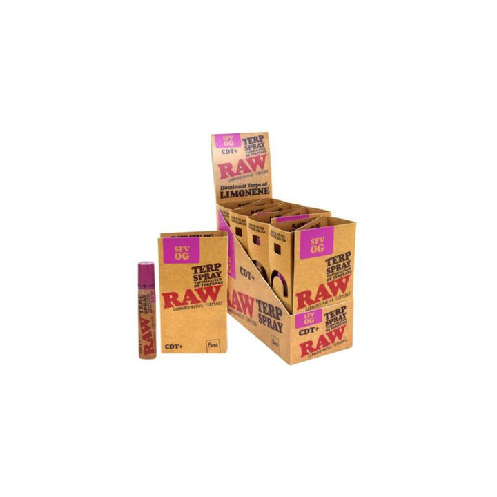 Display of Raw brand terp spray boxes on a white background
