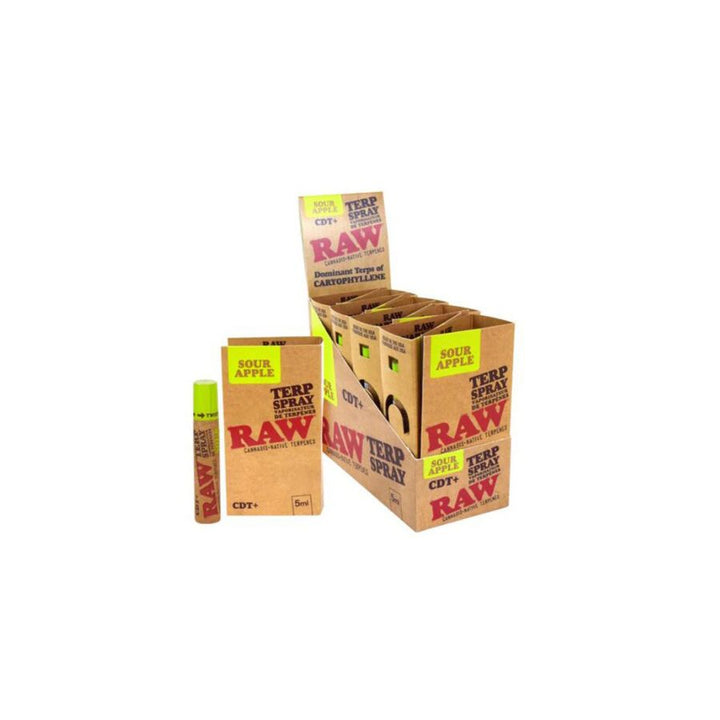 Raw brand packaging including boxes and a can on a white background