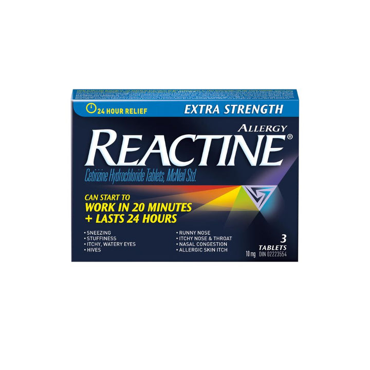 Reactine Extra Strength Allergy Tablets 10mg 3ct white background