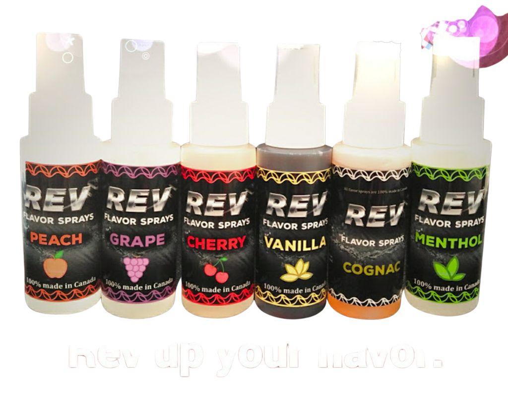 Set of Rev Flavor Sprays with various flavors on a white background