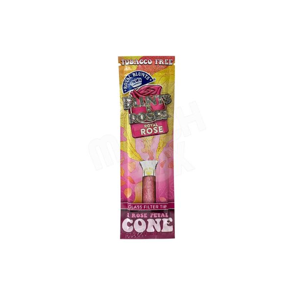 Packaged rose petal cone with glass filter tip on a white background