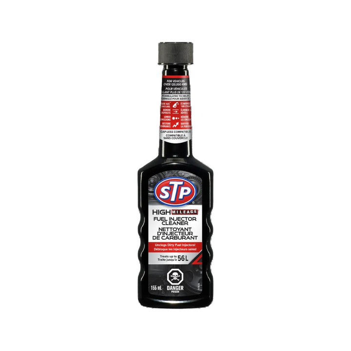 STP high mileage fuel injector cleaner bottle on a white background