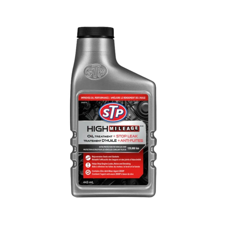 STP High Mileage oil treatment stop leak bottle on a white background