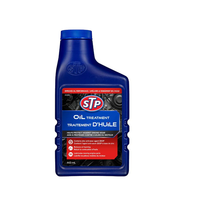 Blue bottle of STP oil treatment on a white background