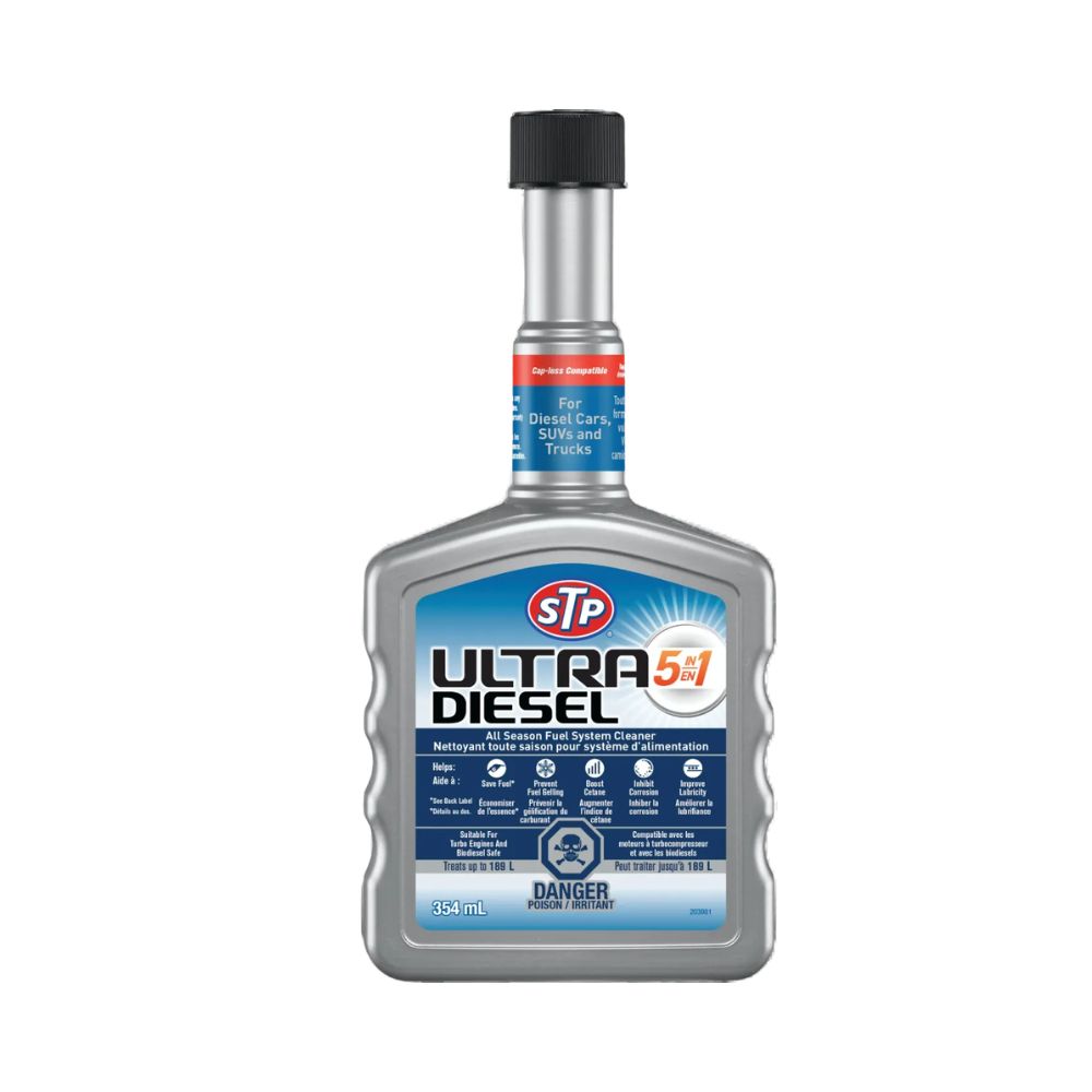 STP Ultra Diesel fuel treatment 5 in 1 all season bottle on a white background
