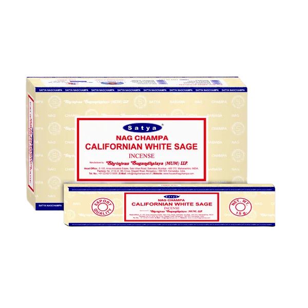 Two boxes of Satya Nag Champa Californian White Sage incense on a white background