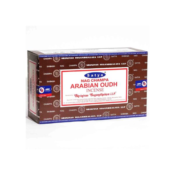 Box of Satya Nag Champa Arabian Oudh incense on a white background
