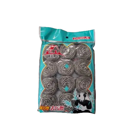 Scrubber Brillo A package of twelve steel wire cleaning scrubbers in a teal plastic bag on a white background